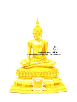 พระพุทธรูปปางมารวิชัย ( ปางสะดุ้งมาร ) ศิลปะอู่ทอง เนื้อเรซิ่น สีทอง หน้าตัก 5นิ้ว สูง 10.5 นิ้ว