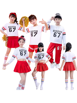 ชุดเต้น ชุดแดนซ์ เสื้อสีขาวลาย 67 +กระโปรงแดง/กางเกงแดง