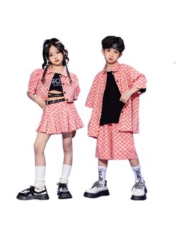 พร้อมส่ง ชุดเต้น ชาย/หญิง ลายสก๊อต ลายหมากรุก สีชมพูโอรส