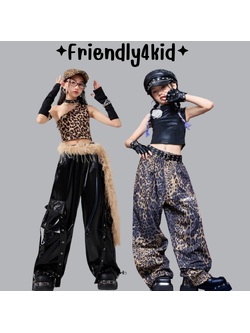 Friendly4kid ชุดเต้น เด็กผู้หญิง เซ็ตเสื้อลายเสือ+กางเกงแนวสตรีทลุคฮิปฮอป**เปิดจอง
