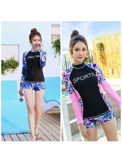 พร้อมส่ง ชุดว่ายน้ำ เซ็ตแขนยาวลายดอก +กางเกงขาสั้น