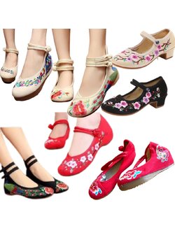 รองเท้าจีน ลายดอก เสริมส้ม