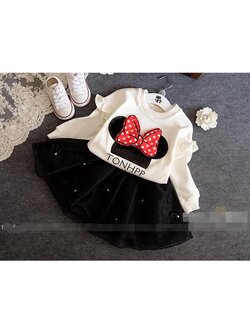 ชุดเซ็ตเสื้อแขนยาวมินนี่ สีขาว+กระโปรงดำ