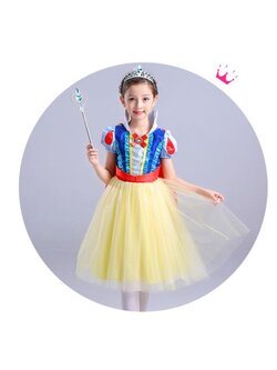 ชุดเด็ก : เดรสเจ้าหญิงสโนไวท์ ทรงยาวสีเหลืองอ่อน+ผ้าคลุมสีแดง