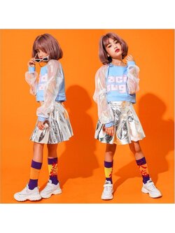 **เฉพาะเสื้อ** ชุดเต้น ชุดแฟชั่น สไตล์ฮิปฮอป สีฟ้า-เงิน