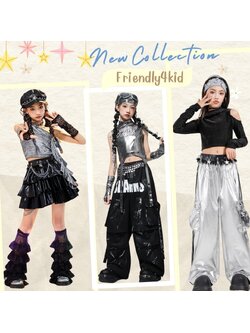 friendly4kid ชุดเต้น เด็กหญิง สไตล์เทา เงิน ดำ ชุดเต้นแจ๊สสำหรับเด็ก ชุดเต้นสตรีทแดนซ์