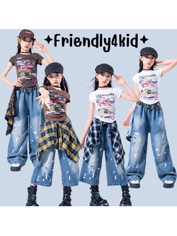 friendly4kid ชุดเต้น Y2K Streetเสื้อ+กางเกงยีนส์4ส่วน**เปิดจอง
