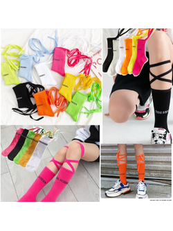 พร้อมส่ง ถุงเท้า เด็ก-ผู้ใหญ่ แบบยาว มีสายไขว้ ผูกข้อขา สีพื้น