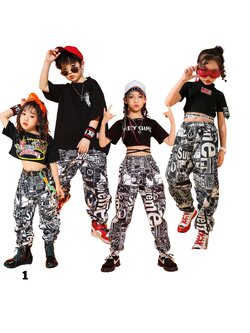 พร้อมส่ง ชุดเต้น ชุดแดนซ์ ฮิปฮอป เสื้อสีดำ กางกงดำลายการ์ตูน