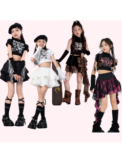 พร้อมส่ง ***ชุดเต้น เสื้อครอป แขนสั้น+กระโปรง พร้อมปลอกแขน ลายเสือ ลายผีเสื้อ ลายสก๊อต