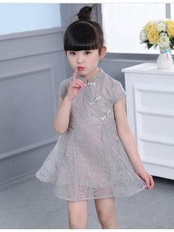 ชุดเดรสกี่เพ้า คอจีน คอป้าย สีเทา