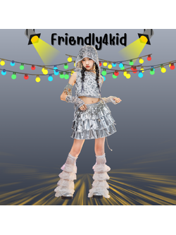 friendly4kid ชุดเต้น เด็กหญิง เซ็ต เสื้อเงิน+กระโปรงระบาย/กางเกง