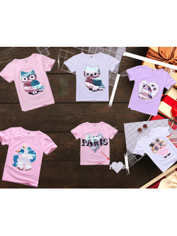 เสื้อเด็ก เสื้อยืด แขนสั้นปักเลื่อม ลายนกฮูกสีชมพู-ขาว