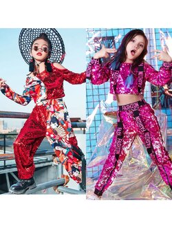 **พร้อมส่ง**ชุดเต้น ชุดฮิปฮอป เสื้อแขนยาว ปักเลื่อม พร้อมกางเกงขาขายาว