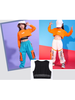 ชุดเต้น ชุดแดนซ์ เสื้อแขนยาวสีส้ม+กางเกงขายาว