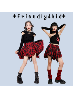 friendly4kid ชุดเต้น เซ็ตเสื้อแขนยาวดำ+กระโปรง ลายสก๊อต สีแดง ชุดการแสดงคริสมาสต์