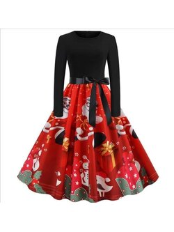 คริสต์มาส เดรสแขนยาวสีดำ ลายซานตาคลอส