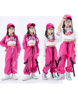 พร้อมส่ง ชุดเต้น ชุดฮิปฮอป เสื้อครอป สีชมพู หวาน