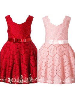 F เดรสออกงาน ผ้าลูกไม้ สีชมพู,แดง