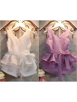 ชุดเสื้อแขนกุด ผูกโบว์+กางเกง