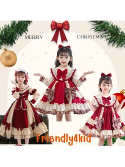 friendly4kid พร้อมส่ง ชุดคริสมาสต์ เดรสแขนยาวกระโปรงระบายแต่งติดโบว์