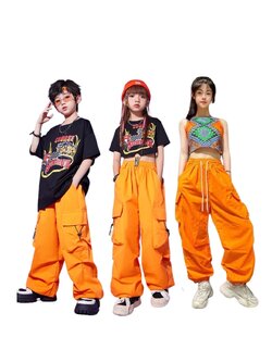 พร้อมส่ง ***ชุดเต้น แดนซ์ เสื้อเอวลอยแต่งลาย+กางเกงคาร์โก้ สีส้ม