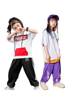 พร้อมส่ง ชุดเต้น Hiphop เสื้อฮูดขาวแต่งกระเป๋าหน้าแดง+กางเกงขายาว สีดำ