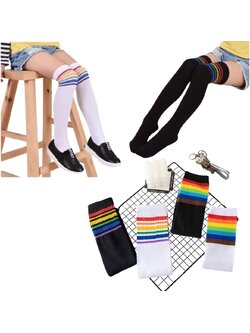 สินค้าพร้อมส่ง ถุงเท้ายาว เด็กพื้นขาวแต่งขอบสีรุ้ง