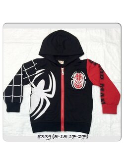 เสื้อแจ็คเก็ตชาย สไปรเดอร์แมนสีดำมีฮู้ดพิมลายแมงมุมขาว