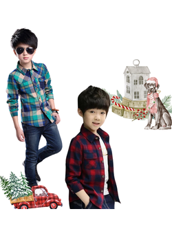เสื้อเชิ๊ต เด็กชาย แขนยาว ลายสก๊อต สีเขียว - สีแดง