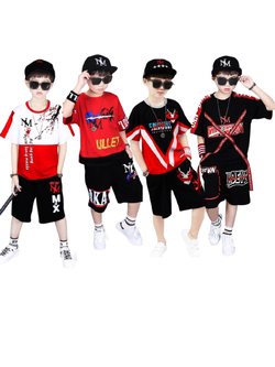 ชุดเต้น ฮิปฮอป เสื้อแขนสั้นขาวแดง+กางเกงดำ