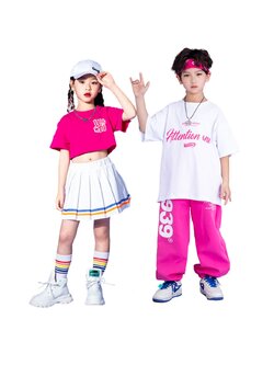 friendly4kid พร้อมส่ง ชุดเต้น ชุดแดนซ์ เสื้อสีขาว+กางเกงขายาว/กระโปรง สีชมพู