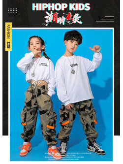 ชุดเต้น ชุดฮิปฮอป เซ็ตเสื้อขาว+กางเกงลายทหาร