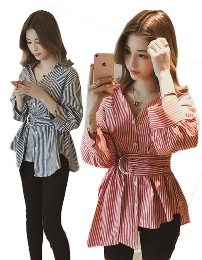 เสื้อเชื๊ตแฟชั่นคอปก แต่งลายสวยหรูสไตล์เกาหลี มี 2 สี รหัส 1908