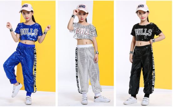 พร้อมส่ง ชุดเต้น ฮิปฮอปปักเลื่อมเสื้อแขนสั้น+ ขายาว