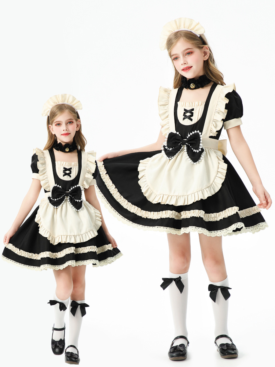 friendly4kid พร้อมส่ง ชุดฮาโลวีนเด็กผู้หญิง haloween ชุดเดรสสีดำ สไตล์สาวแม่บ้าน