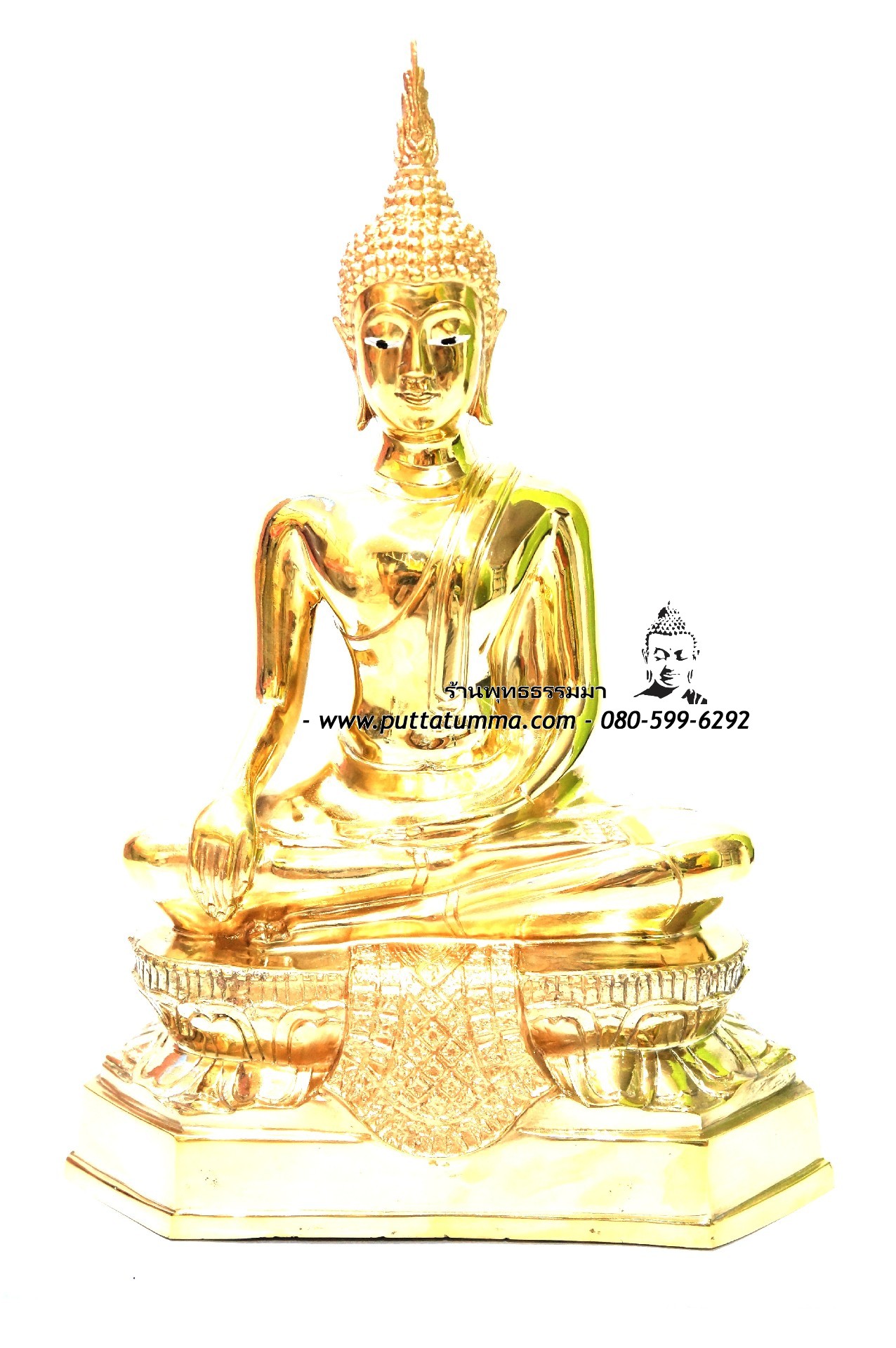 พระพุทธรูปปางมารวิชัย เนื้อโลหะ ขัดเงา หน้าตัก 9 นิ้ว สูง 16 นิ้ว