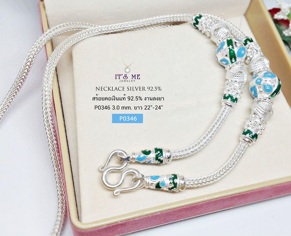 สร้อยคอเงินแท้92.5% ลายหกเสา-เม็ดปะคำลงยา (งานไทย) - งานช่างทอง (สร้อยหนา 3.0 มิล)