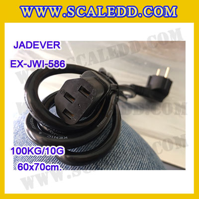 เครื่องชั่งดิจิตอลตั้งพื้น ยี่ห้อ JADEVER รุ่น EX-JWI-586 ขนาดแท่น 60x70cm. พิกัดน้ำหนัก 100kg ค่าละเอียด 10g พร้อมที่เข็นและล้อ