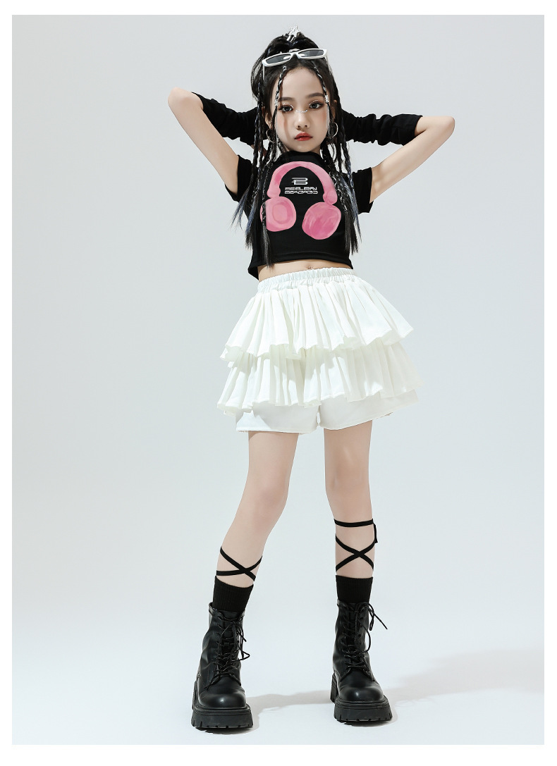 พร้อมส่ง ชุดเต้นเด็ก เสื้อ พร้อมปลอกแขน+กระโปรงอัดพลีท