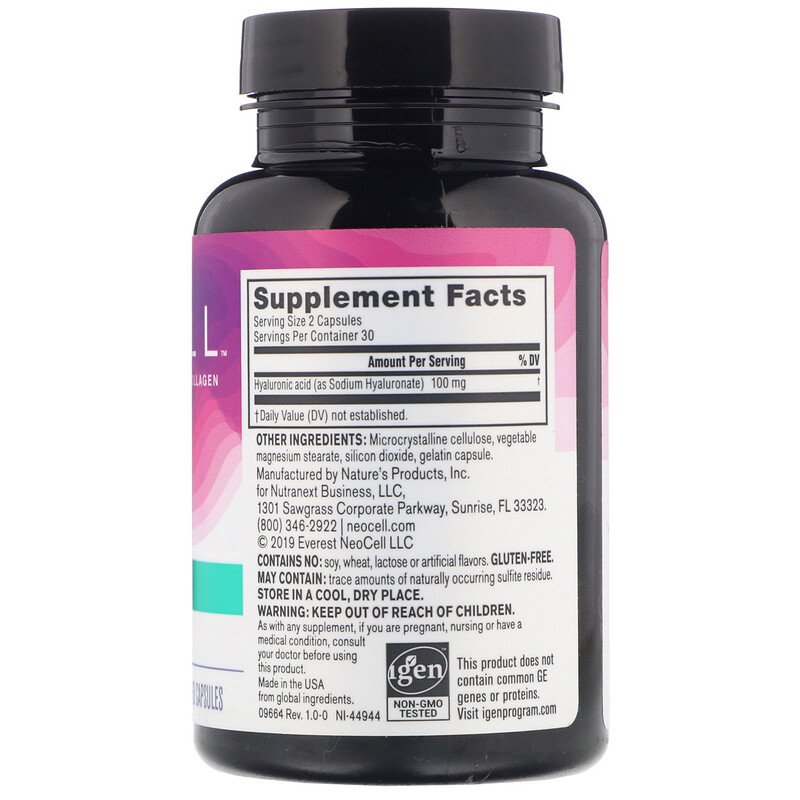 (Pre order)Neocell, Hyaluronic Acid, Nature's Moisturizer, 60 Capsules ช่วยกักเก็บความชุ่มชื้น เพิ่มความยืดหยุ่นเรียบเนียนให้กับผิวพรรณ บำรุงข้อต่อและสายตา