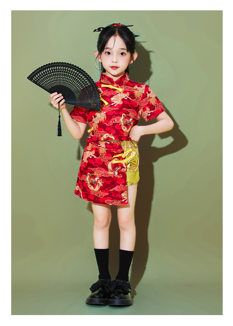 พร้อมส่ง ชุดตรุษจีน กี่เพ้า เซ็ตเด็ก เสื้อแขนสั้นสีแดงลายมังกร+กระโปรง กางเกงทอง
