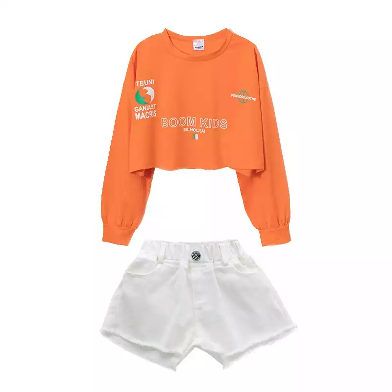 ชุดเต้น แดนซ์ เสื้อส้ม+กางเกงสีขาว