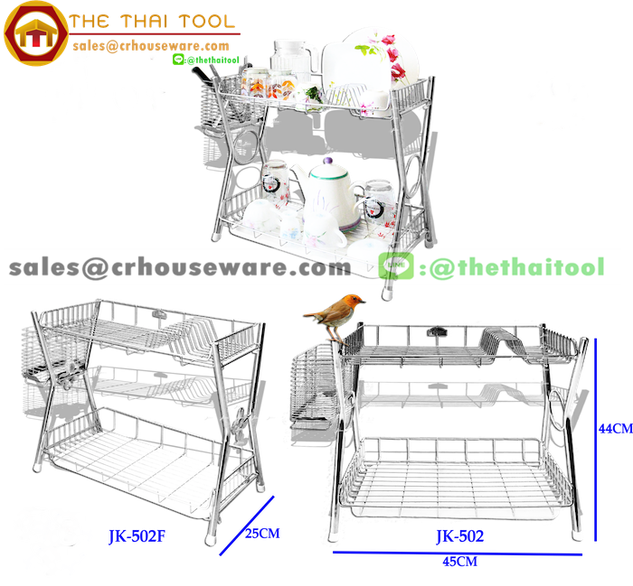 ชั้นคว่ำจานสเตนเลสสเลนเดอร์ 2 ชั้น (Slender Dish Rack 2 tiers with Tray and Utensils Holder Box) รหัสสินค้า 075-JK-502