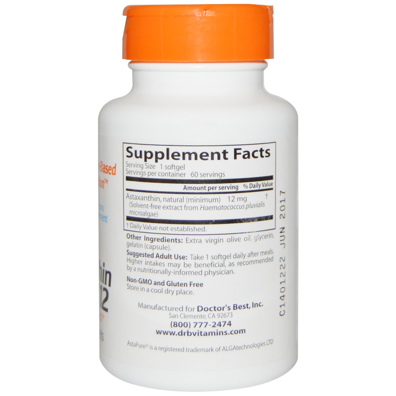 Doctor's Best,Best Astaxanthin,12 mg 60 Softgelsสารต้านอนุมูลอิสระที่มีประสิทธิภาพสูงที่สุด ลดริ้วรอยก่อนวัยและปกป้องผิวจากการทำลายของแสงแดด ช่วยบำรุงสายตา