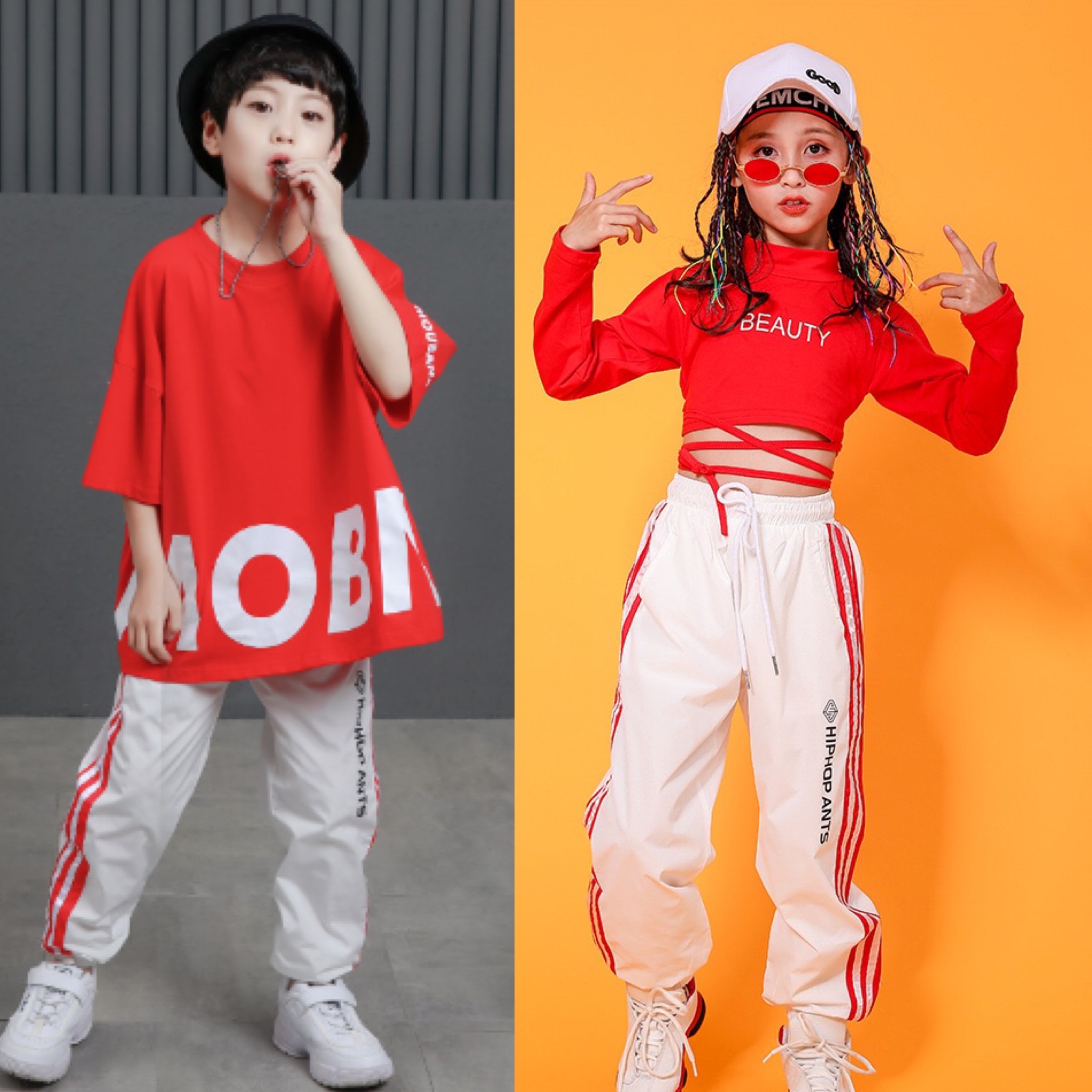 ชุดเต้น ฮิปฮอป สีแดง ลายอักษร XOXO / ชุดผู้หญิง สีขาว-แดง