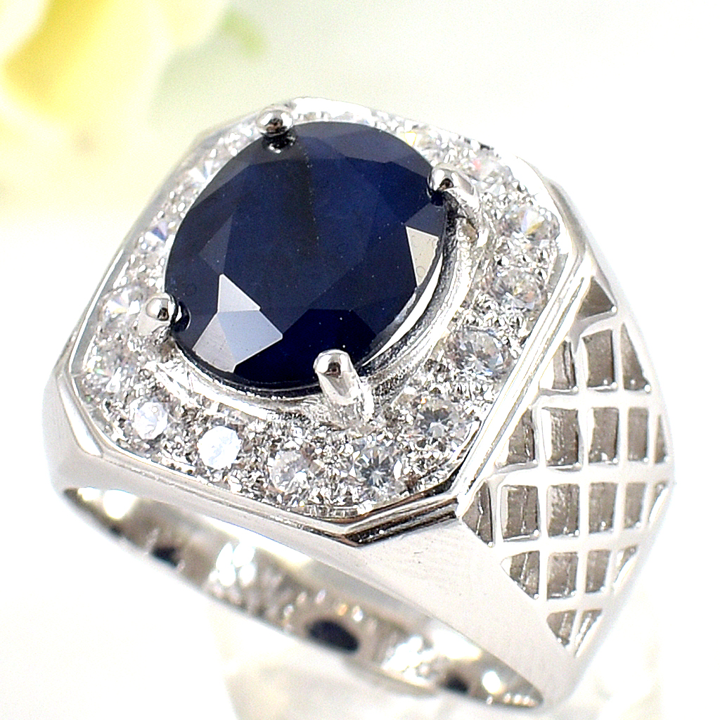 แหวนเงินแท้ราคาถูกชุบทองคำขาว ไพลินแท้ 5.95 กะรัต เพชรCZ 1.12 กะรัต งานประณีตสวยงาม สั่งผลิตค่ะ