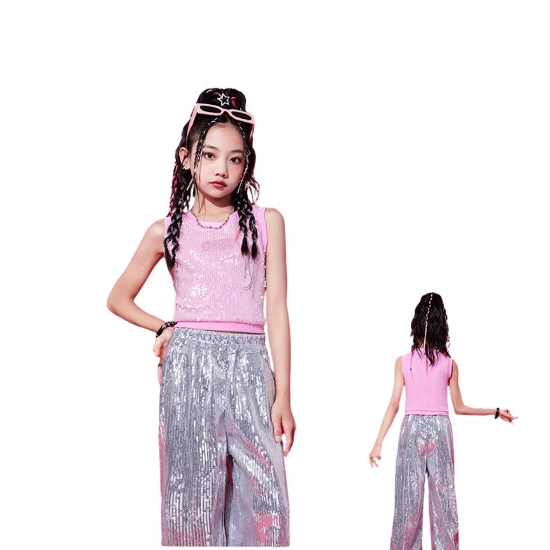 พร้อมส่ง ชุดเต้น ชุดแดนซ์ เสื้อแขนกุด+กางเกงขายาวปักเลื่อม