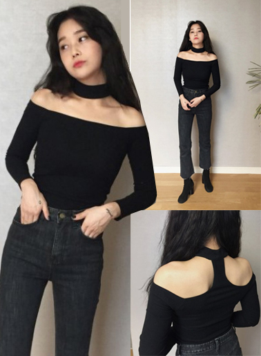 เสื้อยืดแฟชั่นสีดำ เปิดไหล่ แต่งคาดคอกลม -3 ไซส์ S,M,L รหัส 1439
