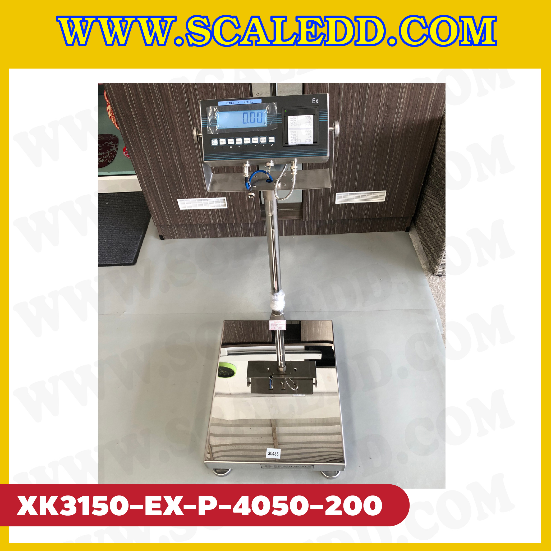 เครื่องชั่งดิจิตอลกันระเบิด XK3150 Explosion Proof Scales พร้อม Built-in Label printer มีปริ้นเตอร์ในตัว พิกัดน้ำหนัก 200kg ค่าละเอียด 20g ขนาดแท่นชั่ง 40x50cm. ยี่ห้อ LOCOSC รุ่น XK3150-EX-P